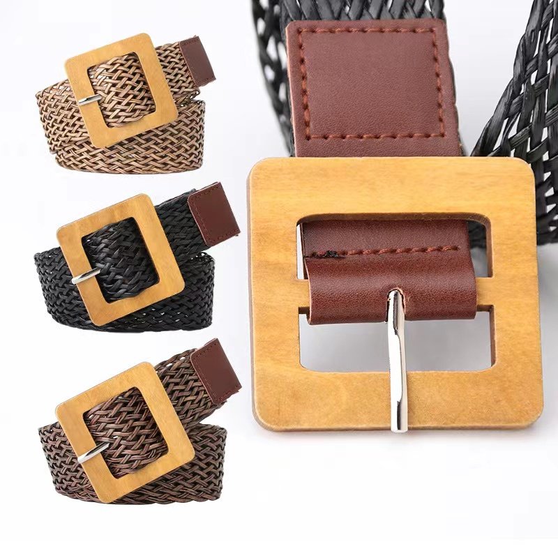 Wooden Buckle Vintage Braided Belt Women's Girdle Korean Style Fashion Dress Decorative Belts