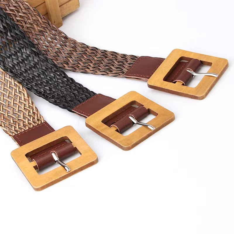 Wooden Buckle Vintage Braided Belt Women's Girdle Korean Style Fashion Dress Decorative Belts