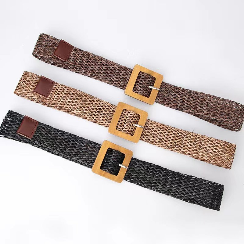 Wooden Buckle Vintage Braided Belt Women's Girdle Korean Style Fashion Dress Decorative Belts