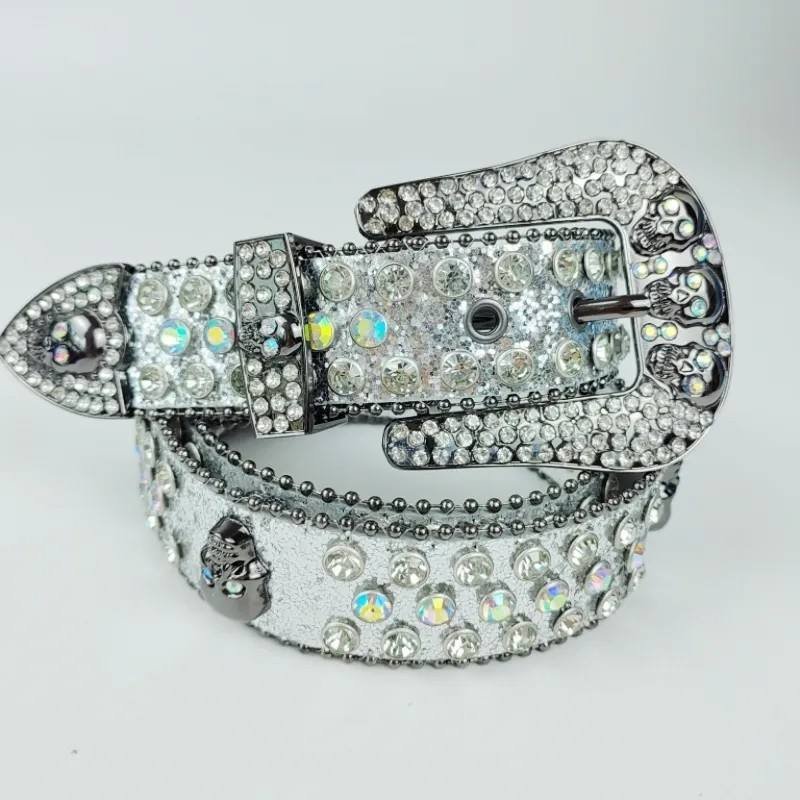 2023 New Designer Manufacture Wholesale Pu Leather Belts Shiny Buckle Studded Diamond Crystal Rhinestone Belt Bb Simon