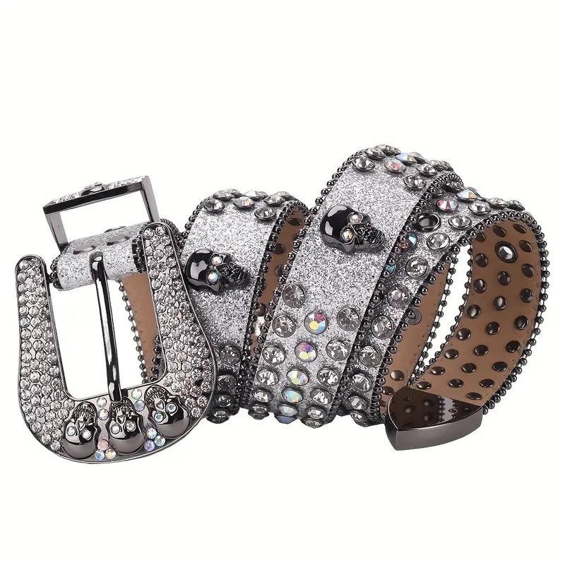 2023 New Designer Manufacture Wholesale Pu Leather Belts Shiny Buckle Studded Diamond Crystal Rhinestone Belt Bb Simon