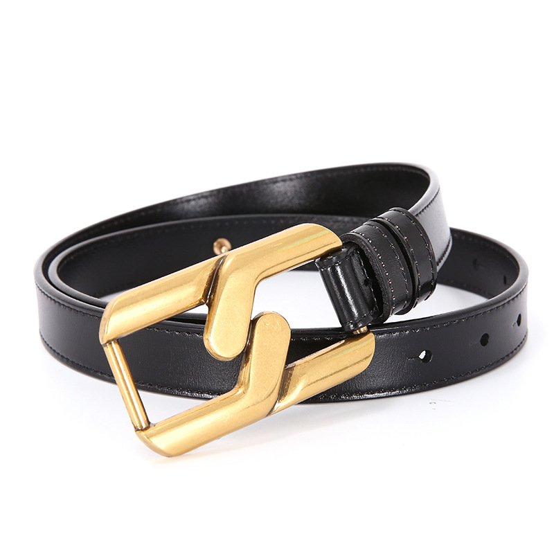 Women Belt Black Metal Copper Buckle Genuine Leather Trouser Belt Hundred with Outside with Skirt Belt