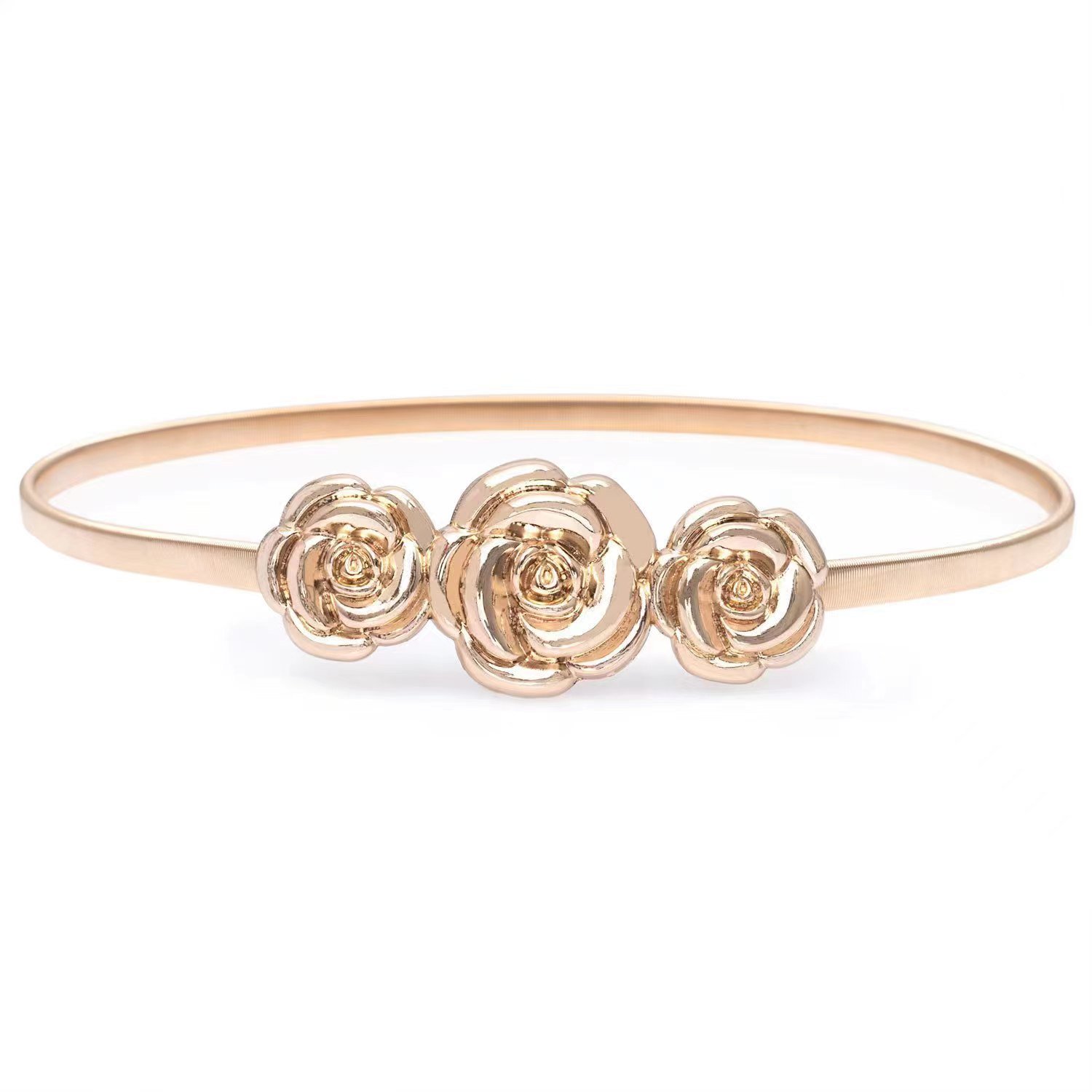 High Quality Women Gold Skinny Metal Waist Belt Gold Flower Bow Buckle Waistband Elastic Metal Chain Belt For Dress