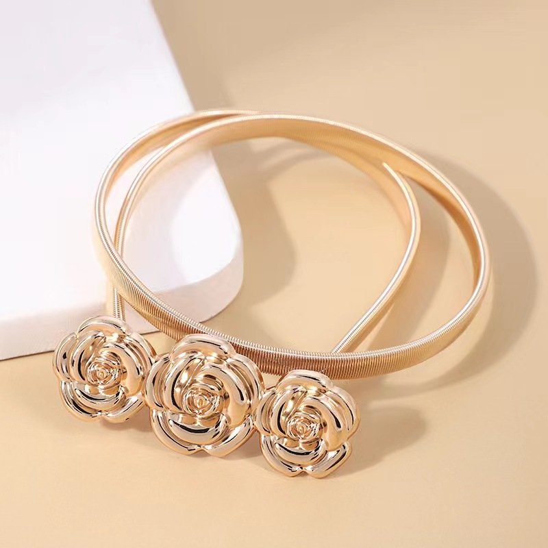High Quality Women Gold Skinny Metal Waist Belt Gold Flower Bow Buckle Waistband Elastic Metal Chain Belt For Dress
