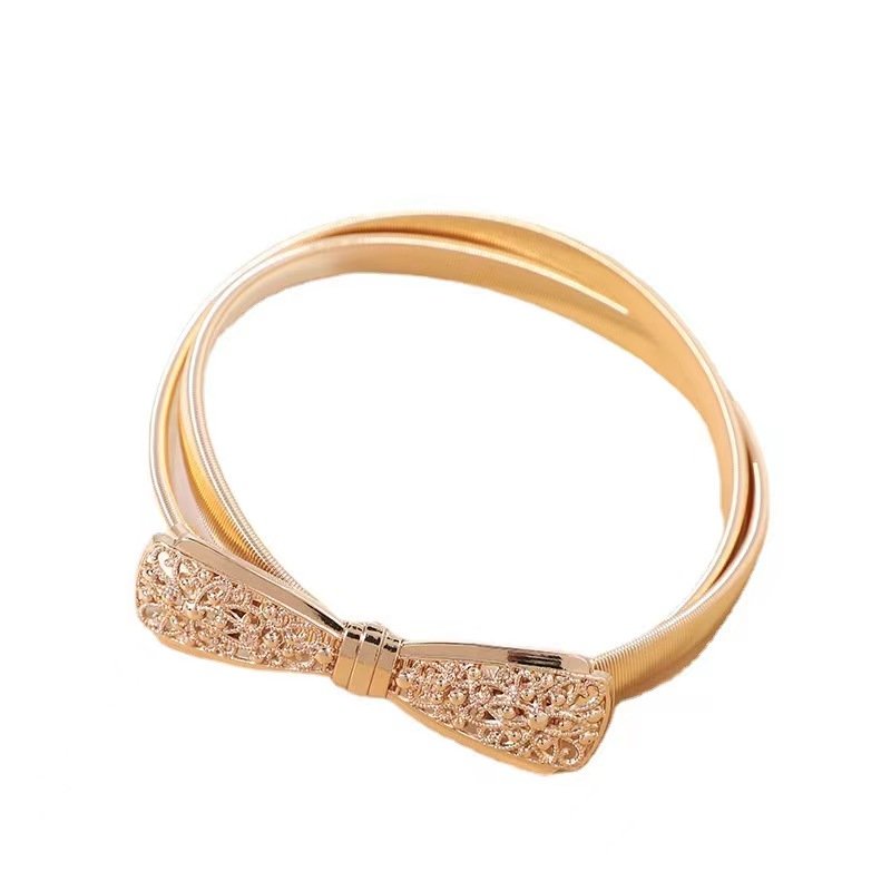 High Quality Women Gold Skinny Metal Waist Belt Gold Flower Bow Buckle Waistband Elastic Metal Chain Belt For Dress