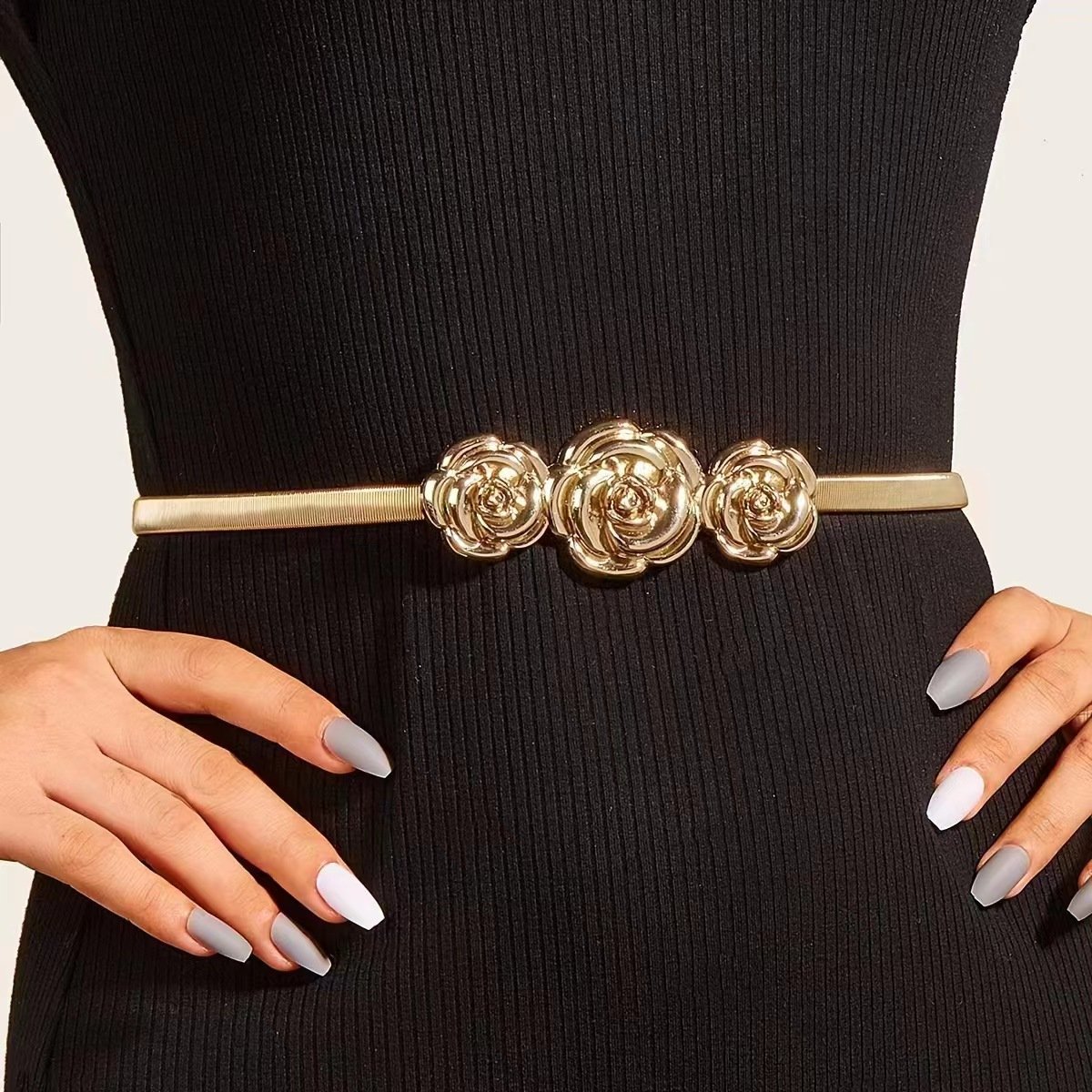 High Quality Women Gold Skinny Metal Waist Belt Gold Flower Bow Buckle Waistband Elastic Metal Chain Belt For Dress