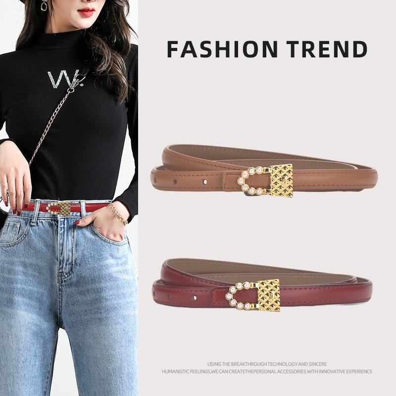 Newest Designs Pearl Lock Buckle Cowhide Leather Belt Female Elegant Genuine Leather Colorful Waist Belt Decorative Jeans