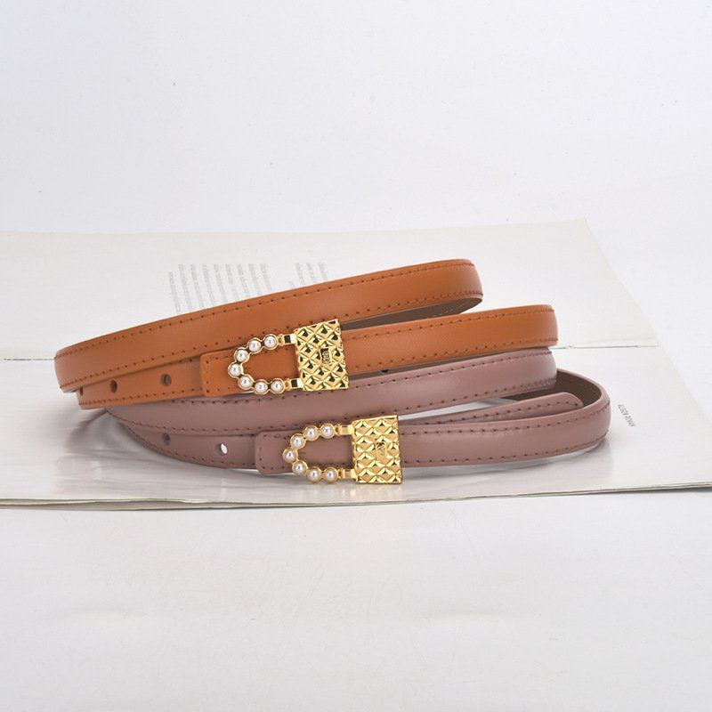 Newest Designs Pearl Lock Buckle Cowhide Leather Belt Female Elegant Genuine Leather Colorful Waist Belt Decorative Jeans