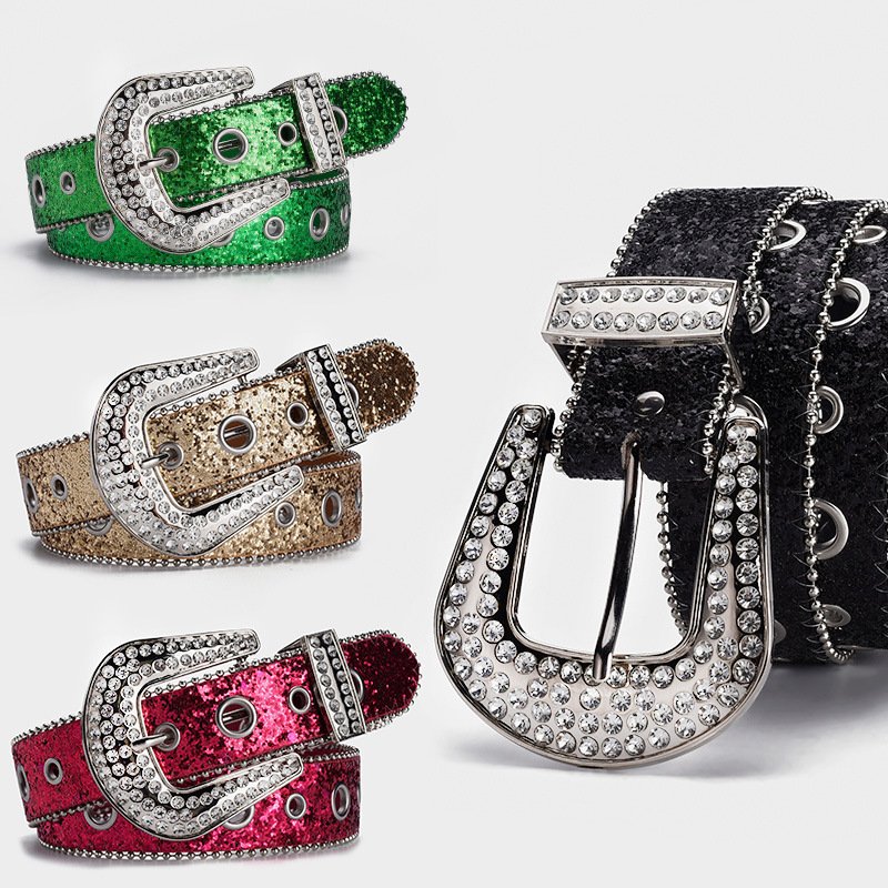 New Wide 3.8 cm shinny pu leather belt with rhinestone buckle