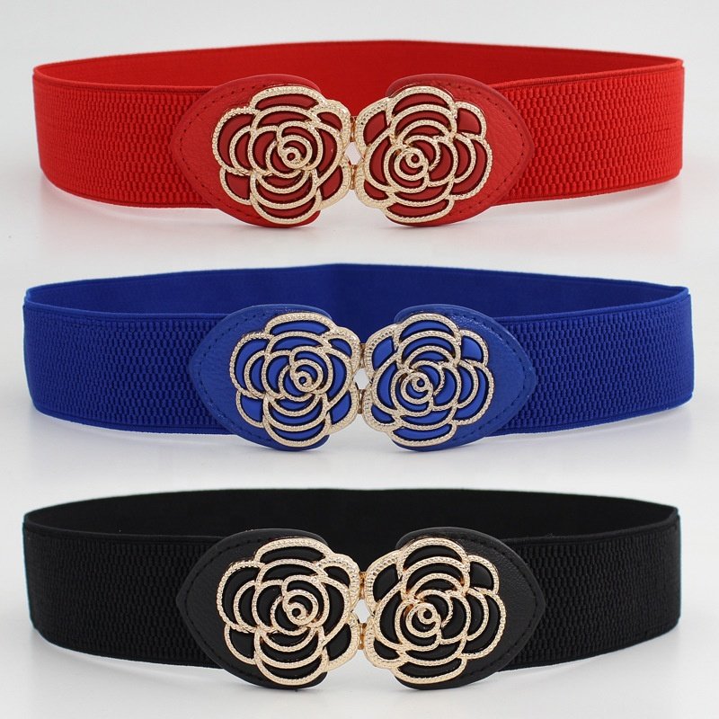 New Fashion Double Flowers Clasp Buckle Dress Stretch Waist Ethnic Style Elastic Belt for Ladies