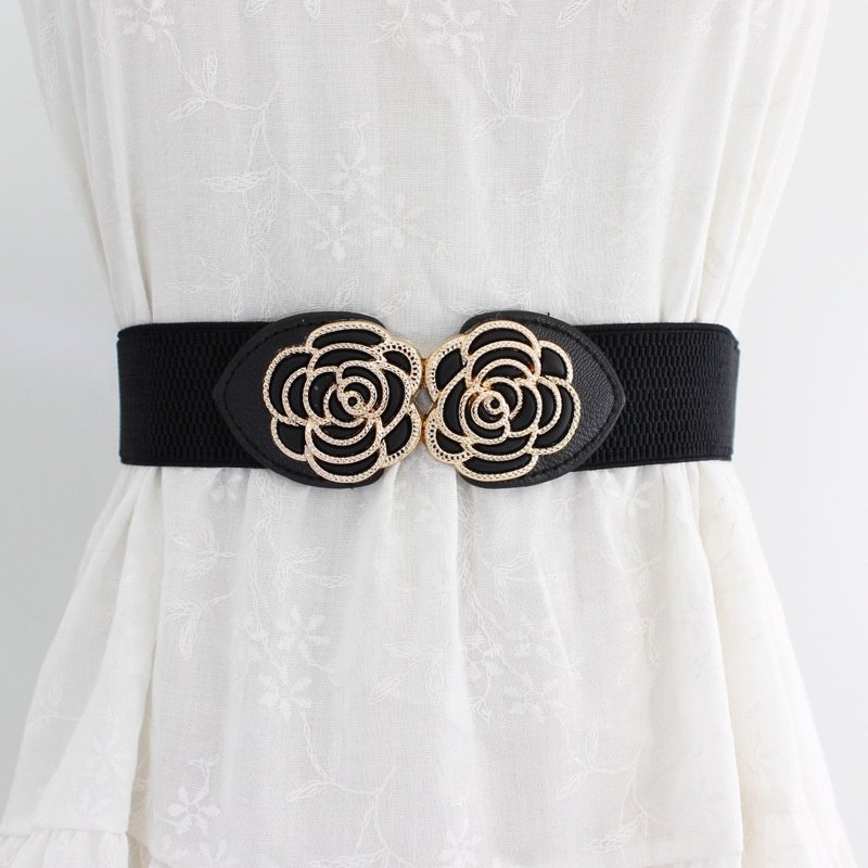 New Fashion Double Flowers Clasp Buckle Dress Stretch Waist Ethnic Style Elastic Belt for Ladies