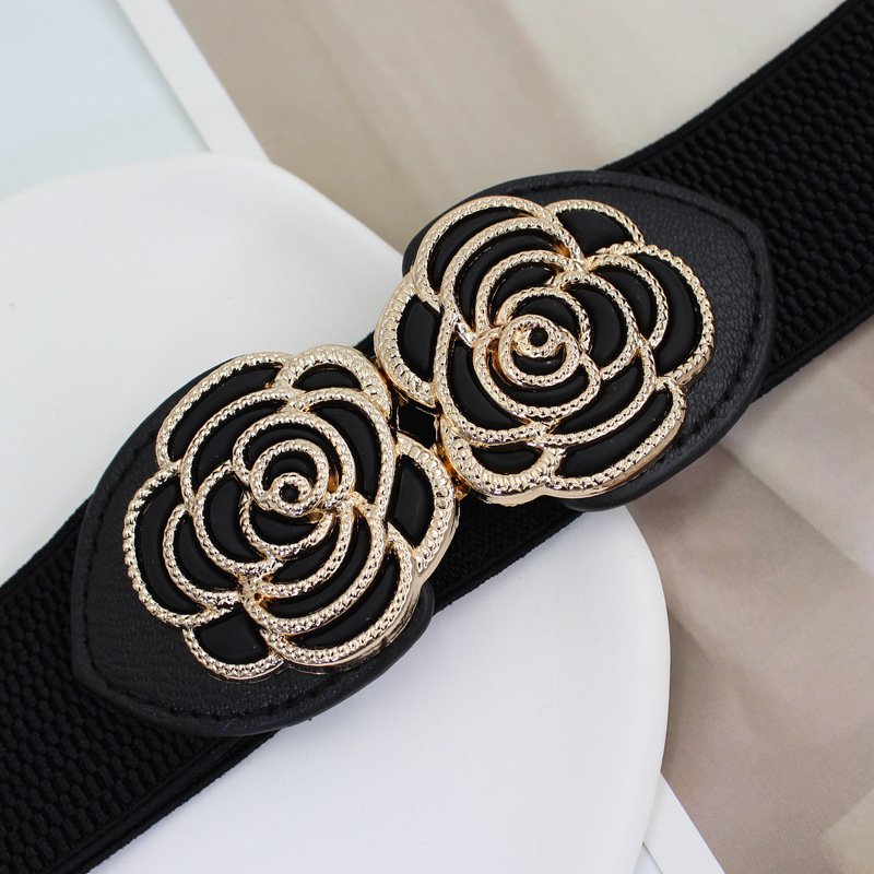 New Fashion Double Flowers Clasp Buckle Dress Stretch Waist Ethnic Style Elastic Belt for Ladies