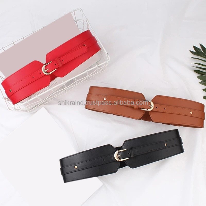 New Fashion Elastic Wide Belt Strap Vintage Women Faux Leather Buckle Elastic Wide Belt Strap Solid Color Waistband Belts