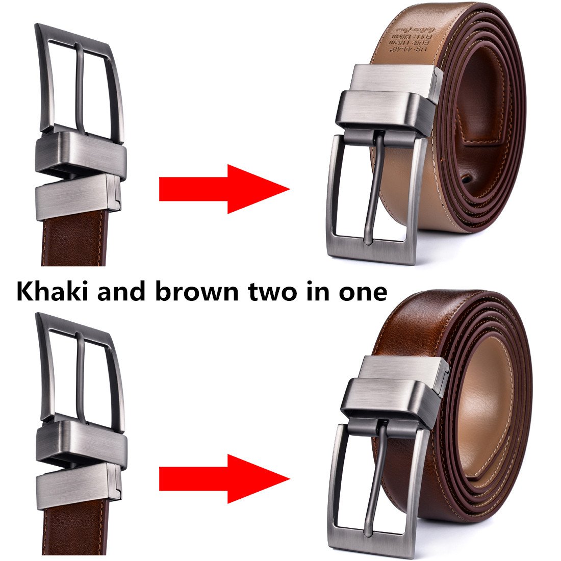 Dress Leather Belt for Man Brown and Khaki Reversible Genuine Leather Belts for Men with Rotated Buckle