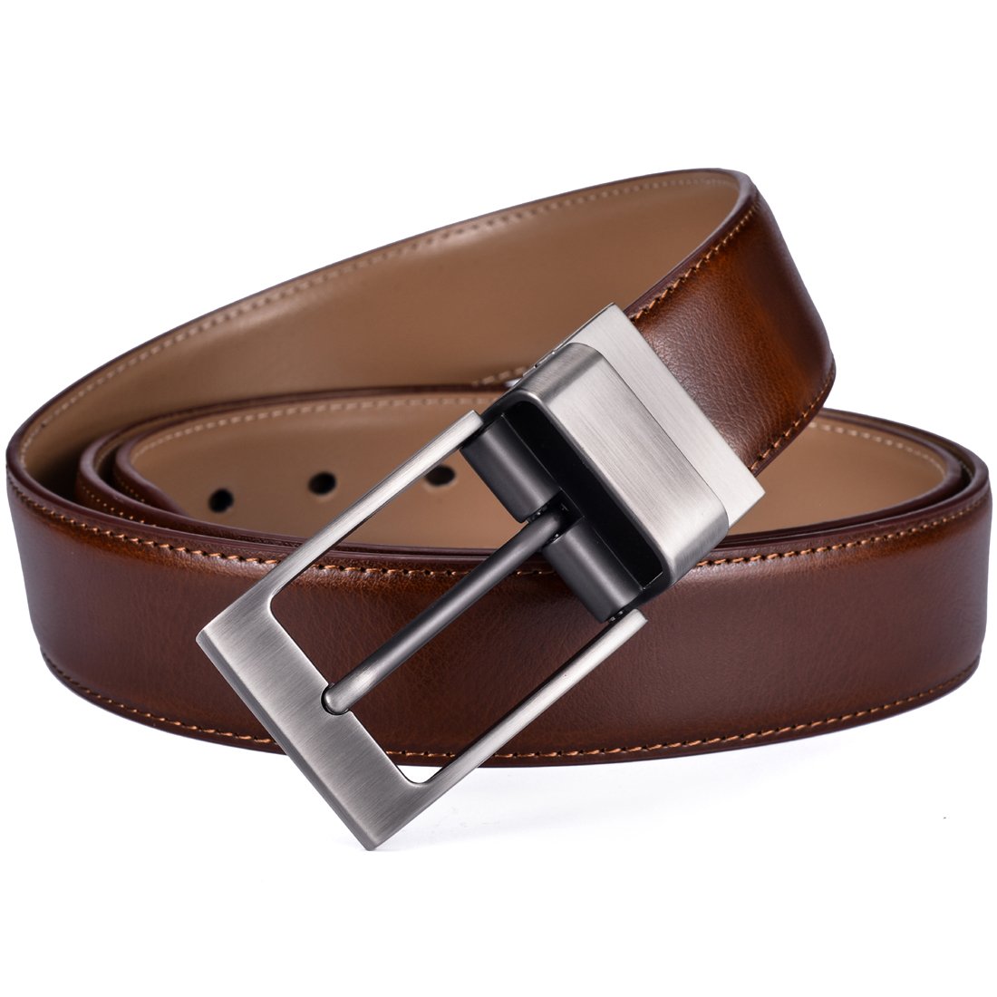Dress Leather Belt for Man Brown and Khaki Reversible Genuine Leather Belts for Men with Rotated Buckle