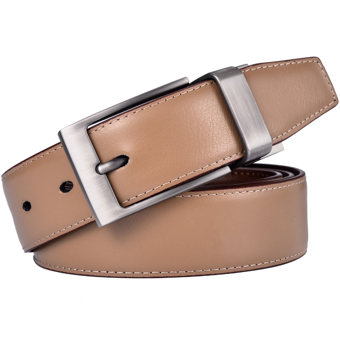 Dress Leather Belt for Man Brown and Khaki Reversible Genuine Leather Belts for Men with Rotated Buckle