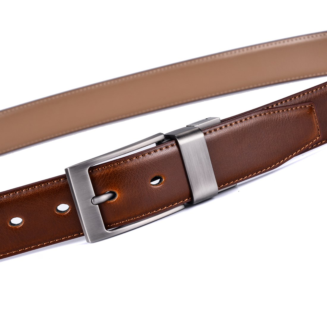 Dress Leather Belt for Man Brown and Khaki Reversible Genuine Leather Belts for Men with Rotated Buckle