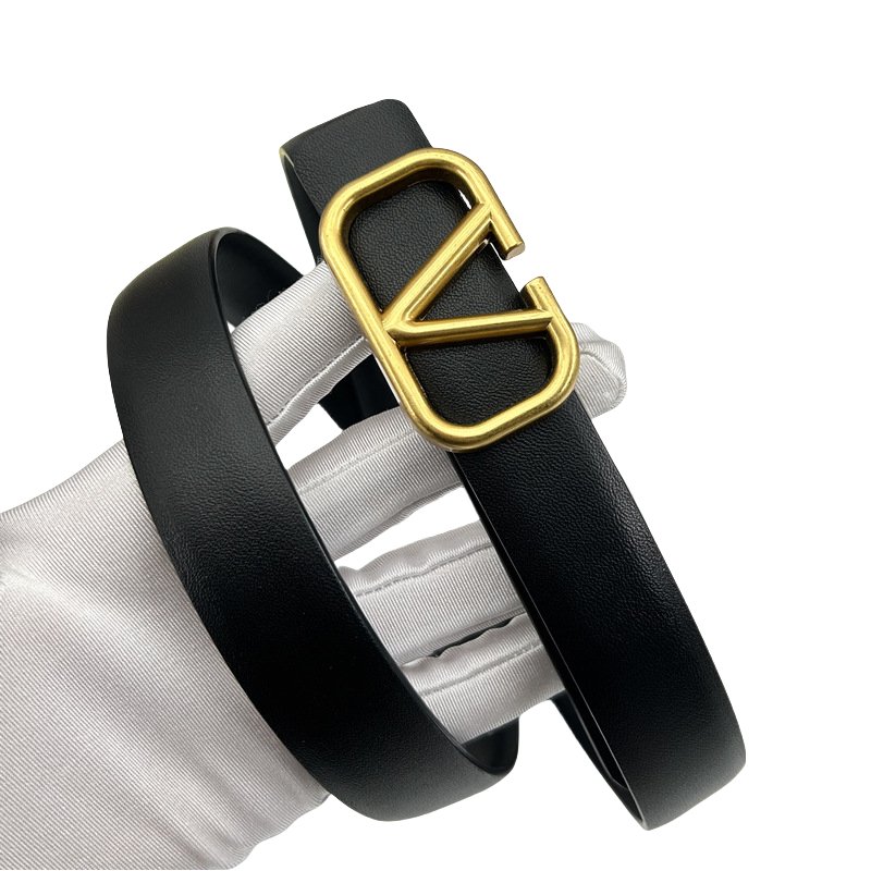 Ladies Genuine Cow Hide Leather Waist Belt Fashionable Thin Belt with V Letter Buckle Alloy Buckle Design for Jeans