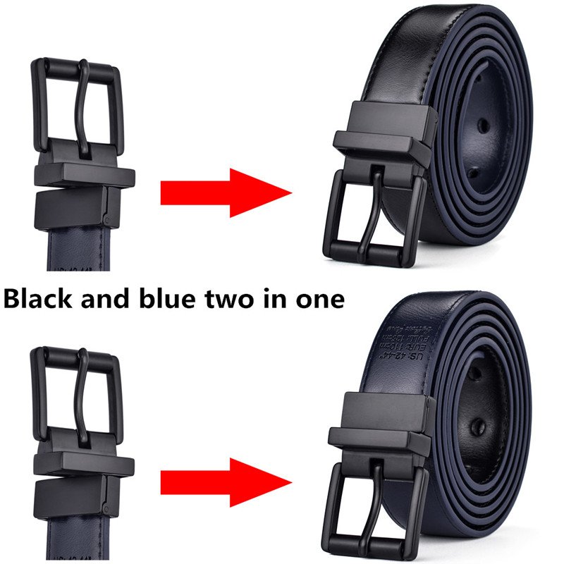 New Female Leather Belt 2.8CM Black and Blue Reversible Genuine Leather Belts for Women with Rotated Buckle