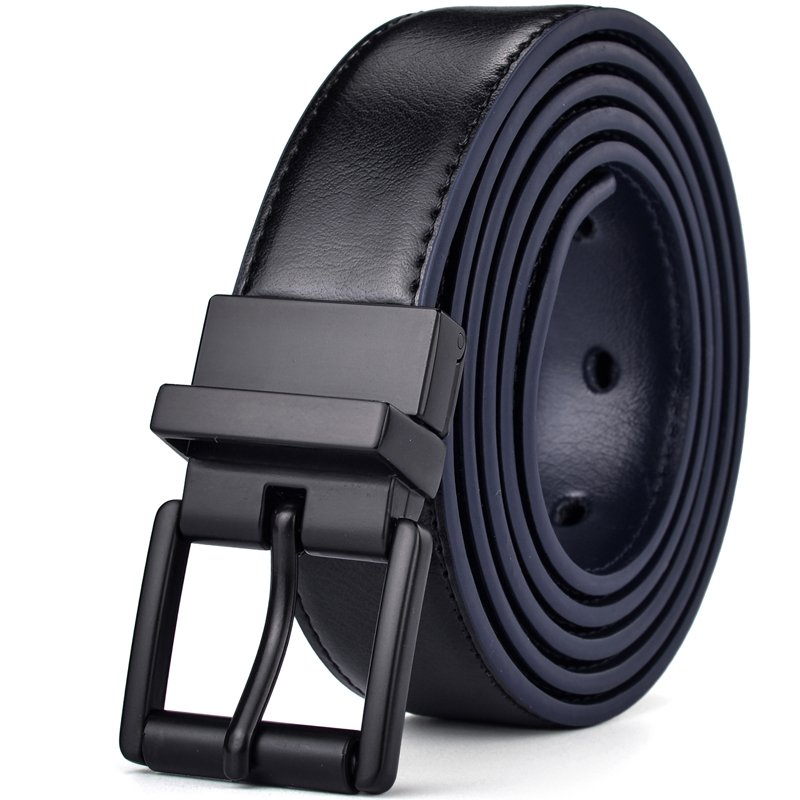 New Female Leather Belt 2.8CM Black and Blue Reversible Genuine Leather Belts for Women with Rotated Buckle