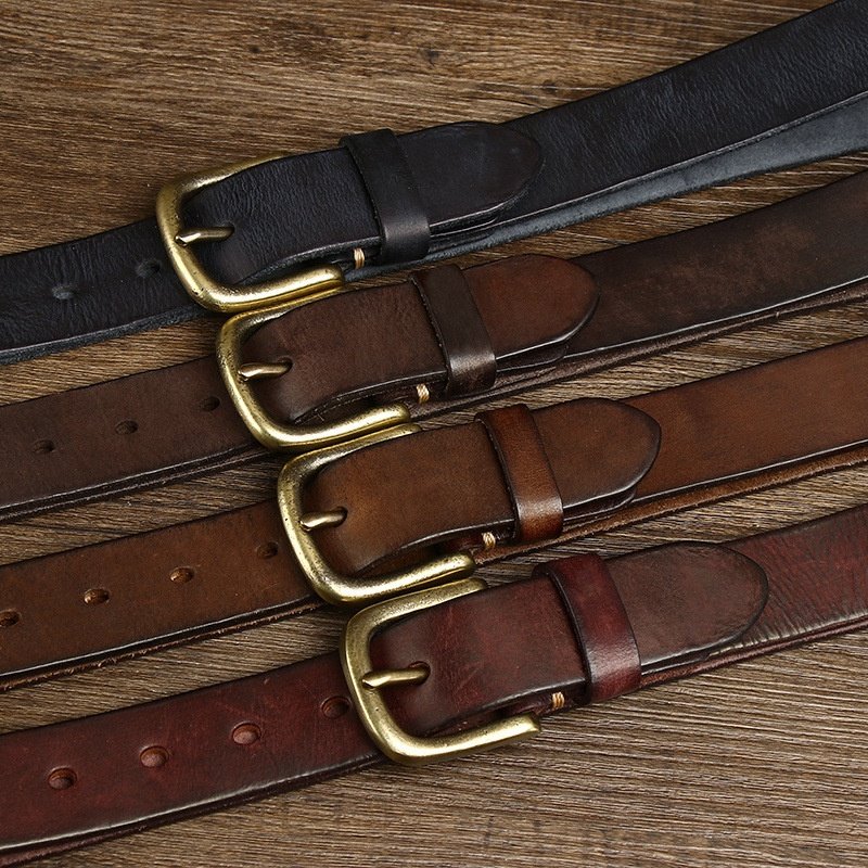 Factory Custom Logo 4mm Thick Vintage Luxury Full Grain Cowhide Men's Genuine Leather Belt with Solid Brass Buckle