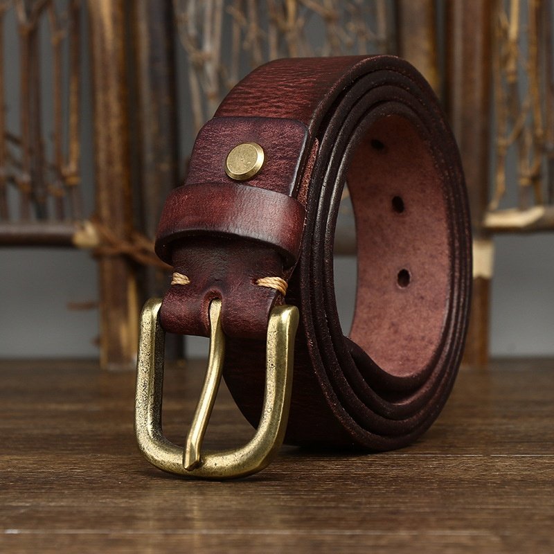 Factory Custom Logo 4mm Thick Vintage Luxury Full Grain Cowhide Men's Genuine Leather Belt with Solid Brass Buckle