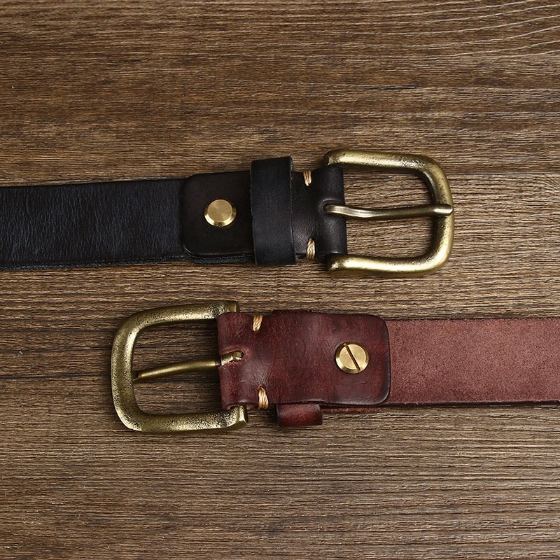 Factory Custom Logo 4mm Thick Vintage Luxury Full Grain Cowhide Men's Genuine Leather Belt with Solid Brass Buckle