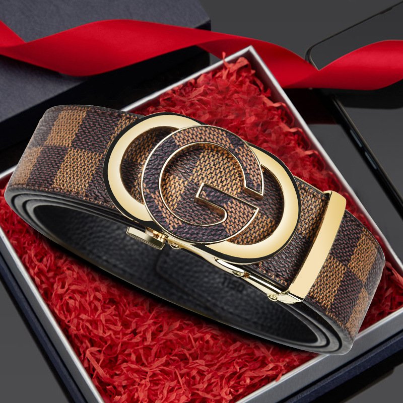 Classic Men's Letter Buckle Belts Checkered Automatic Buckle Real Belts Business For Men