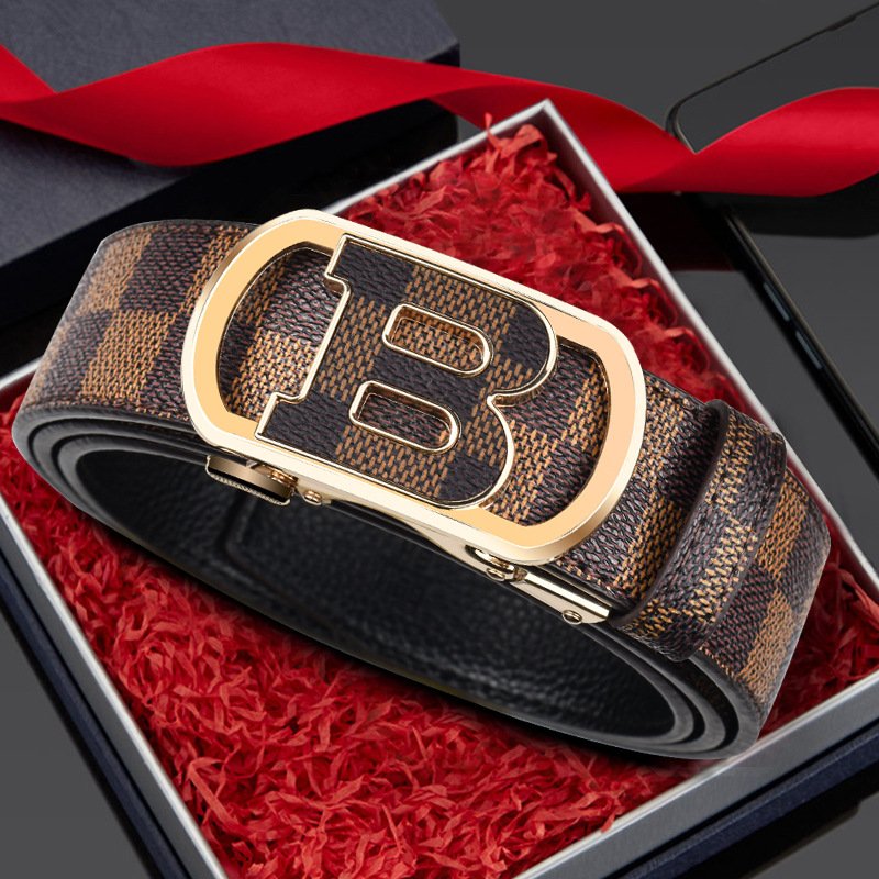 Classic Men's Letter Buckle Belts Checkered Automatic Buckle Real Belts Business For Men