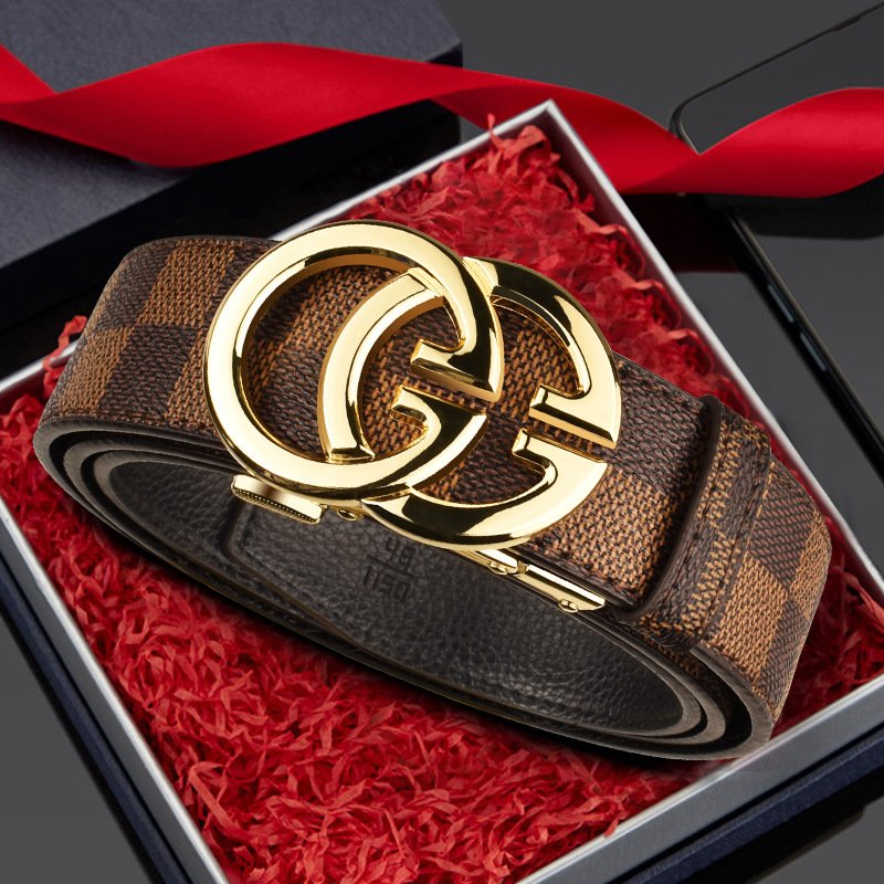 Classic Men's Letter Buckle Belts Checkered Automatic Buckle Real Belts Business For Men