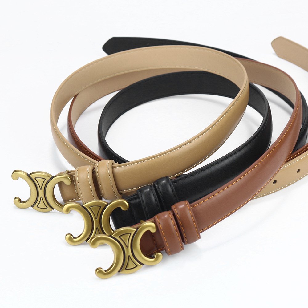 Wholesale Explosive Double C Triumph Belt Smooth Buckle Leather Belt Fashion Leather Thin Belt For Women