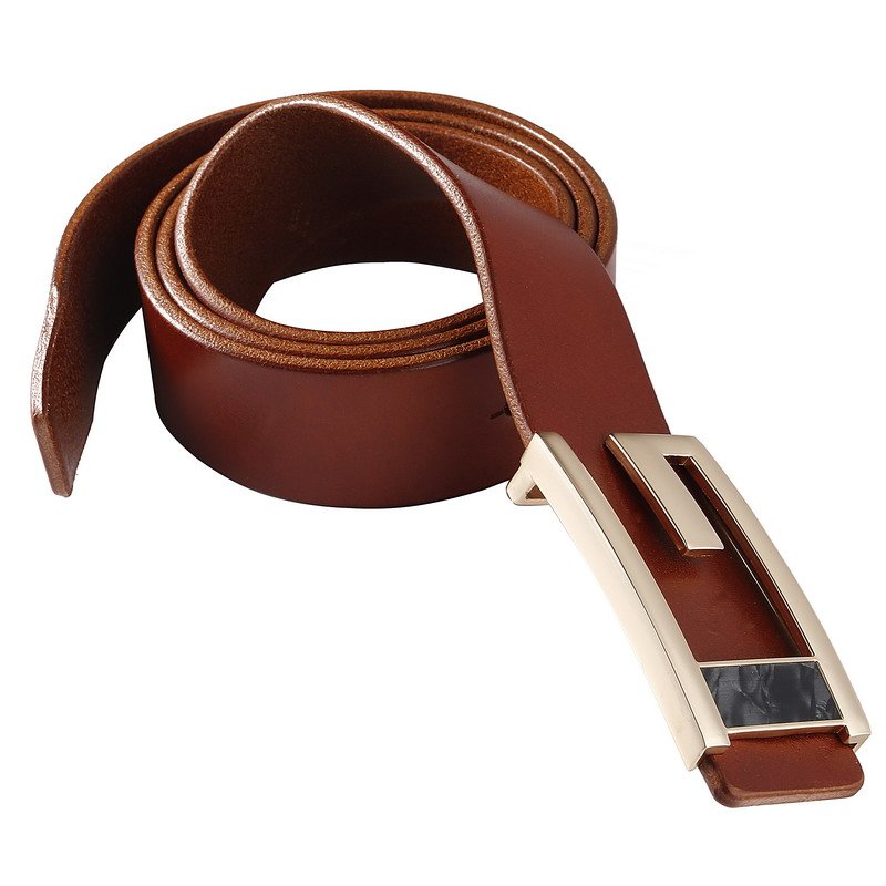 Custom Plate Buckle Logo Metal Gold Buckle 100% Leather Belt For Business Man Pure Full Grain Genuine Leather Belt