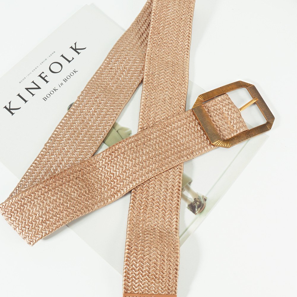 Rewin Minimalist Design Custom Straw Braided Skinny Raffia Dress Belt With Gold Alloy Buckle Woman's Straw Woven Elastic Belt