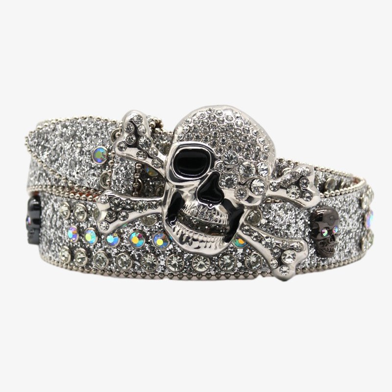 Factory Wholesale High Quality Silver Color Skull Buckle Glitter Bb Simon Belt Sparkling Rhinestone Belt