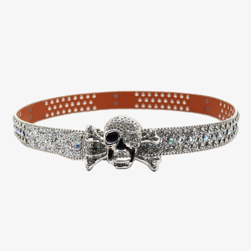 Factory Wholesale High Quality Silver Color Skull Buckle Glitter Bb Simon Belt Sparkling Rhinestone Belt