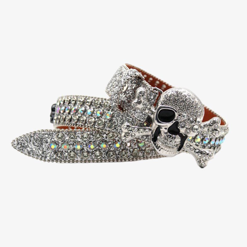Factory Wholesale High Quality Silver Color Skull Buckle Glitter Bb Simon Belt Sparkling Rhinestone Belt