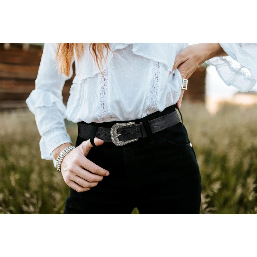 Brown Western Belts for Women - 1.5" Leather Cowgirl Belt for Jeans Pant - Country Belts for Women with Big Vintage Buckle