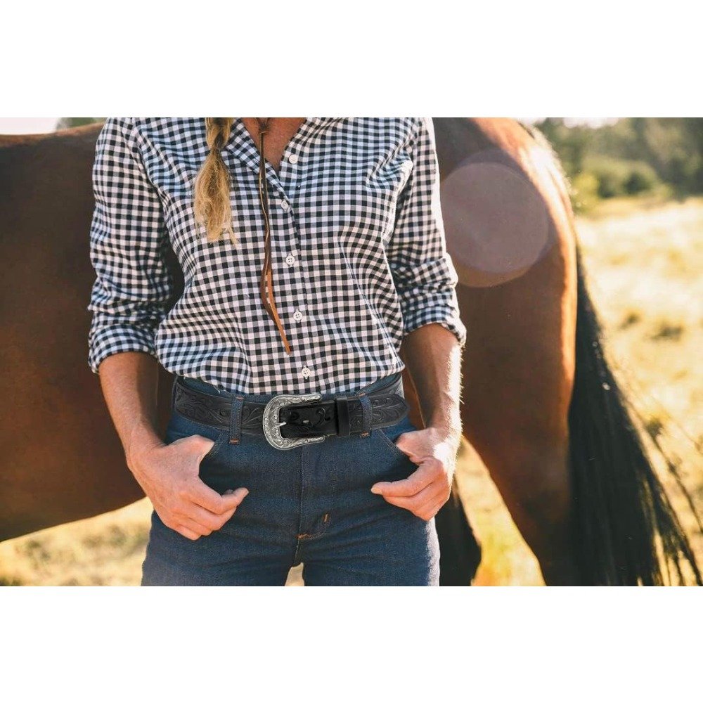 Brown Western Belts for Women - 1.5" Leather Cowgirl Belt for Jeans Pant - Country Belts for Women with Big Vintage Buckle