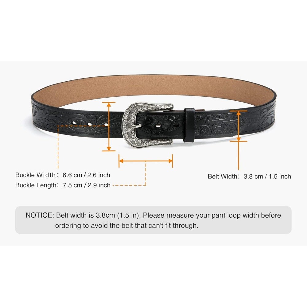 Brown Western Belts for Women - 1.5" Leather Cowgirl Belt for Jeans Pant - Country Belts for Women with Big Vintage Buckle