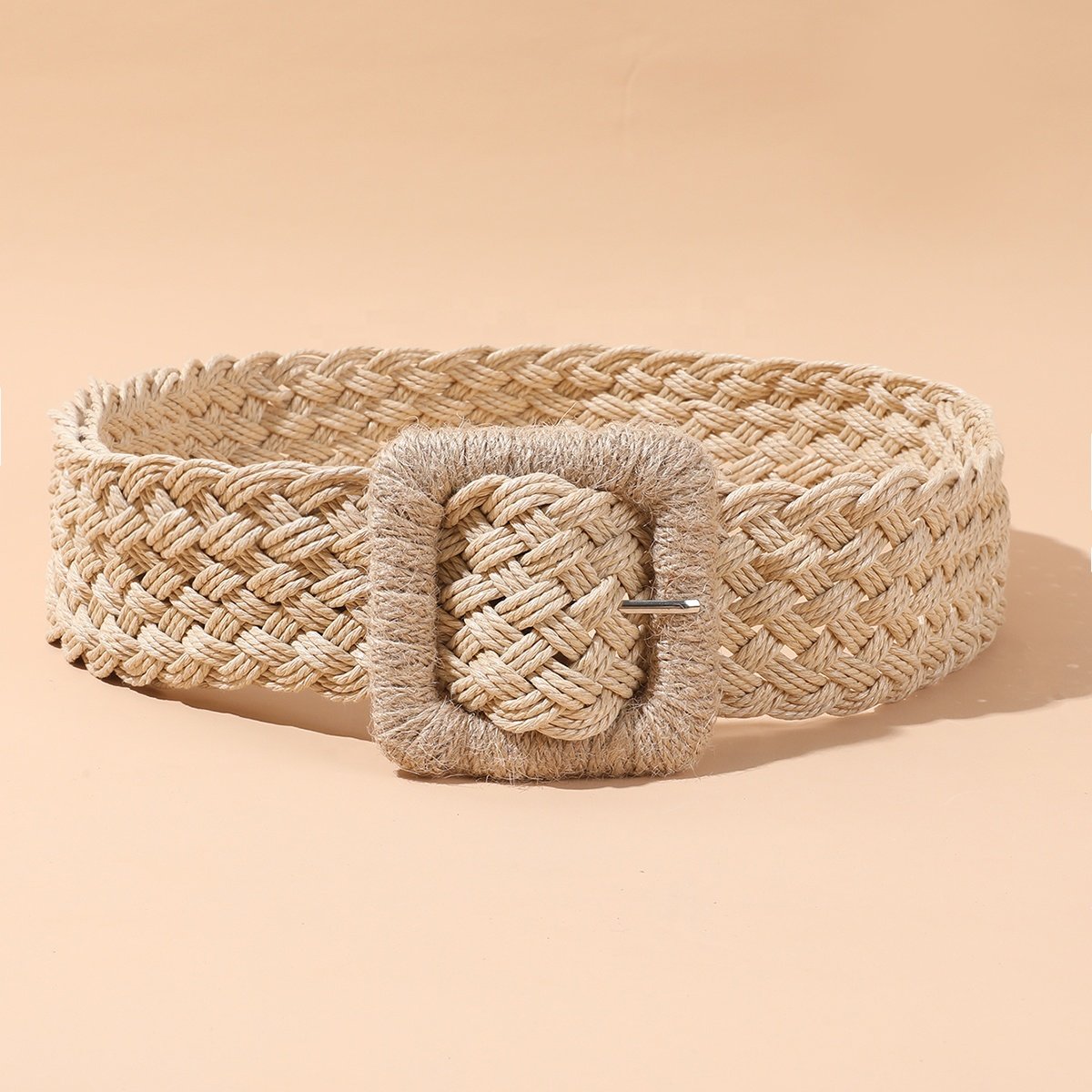Wholesale new Bohemian style lady braided waist belts round Buckle straw woven Belt summer jute hemp rope belts