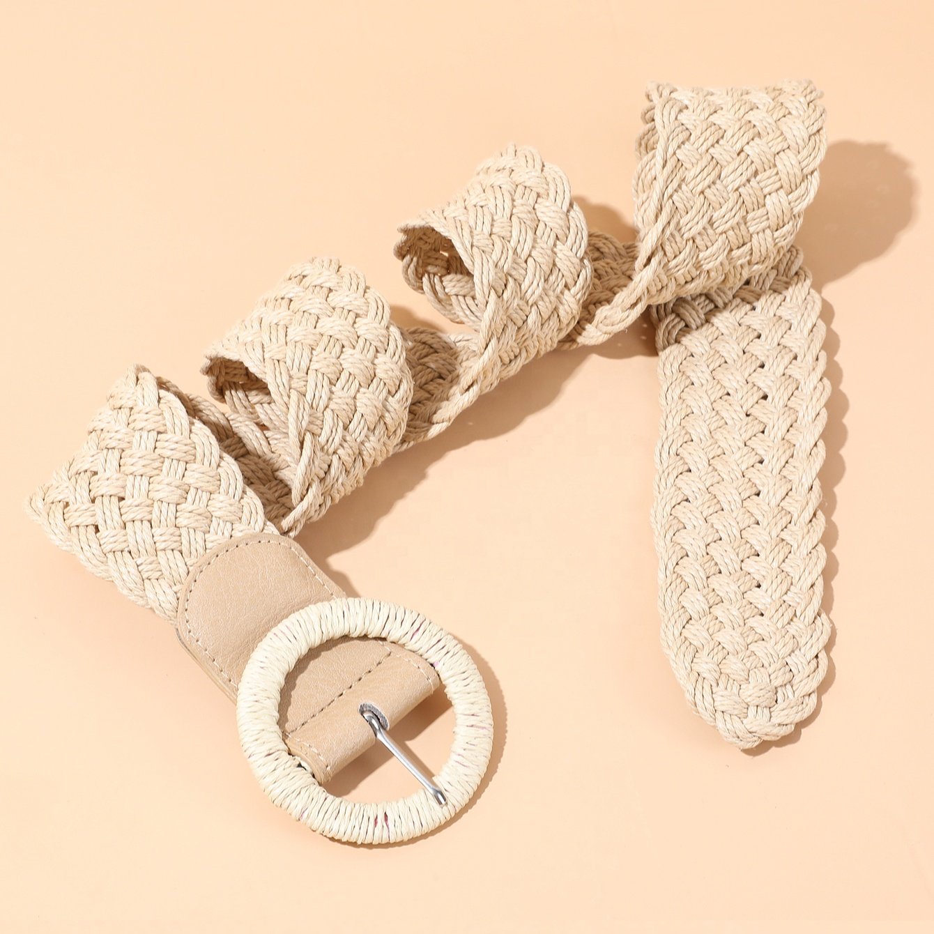 Wholesale new Bohemian style lady braided waist belts round Buckle straw woven Belt summer jute hemp rope belts