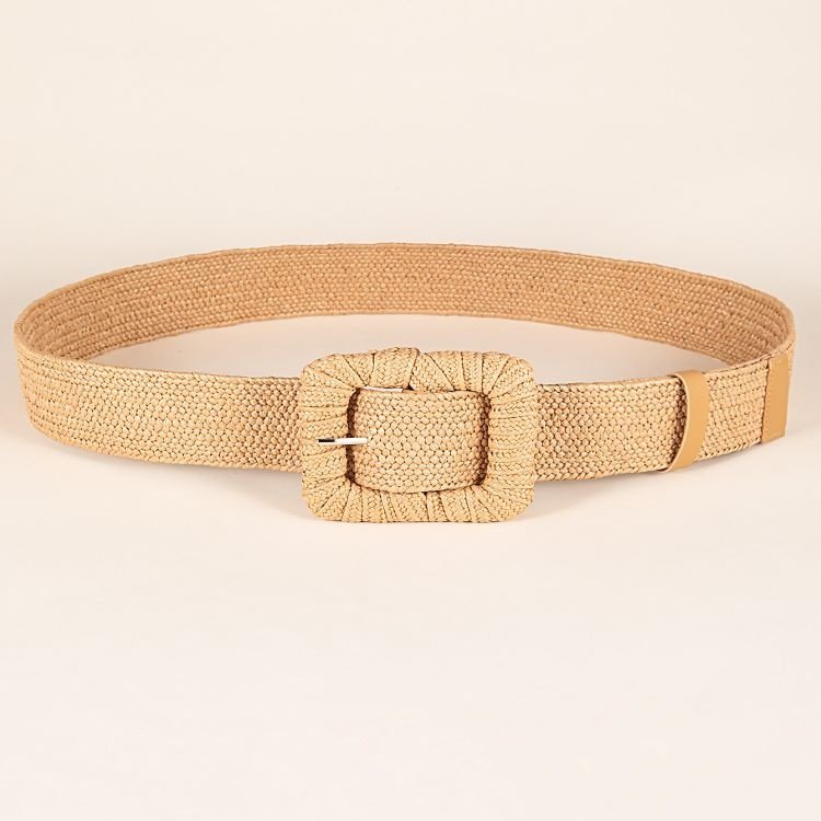 RW Boho 100cm Long Women Skinny Raffia Dress Wide Belt Elastic Rattan Waist Belt With Square Buckle Straw Waist Belts For Women