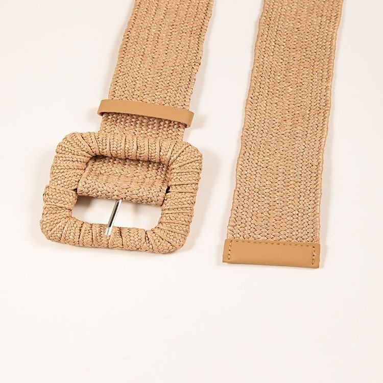 RW Boho 100cm Long Women Skinny Raffia Dress Wide Belt Elastic Rattan Waist Belt With Square Buckle Straw Waist Belts For Women