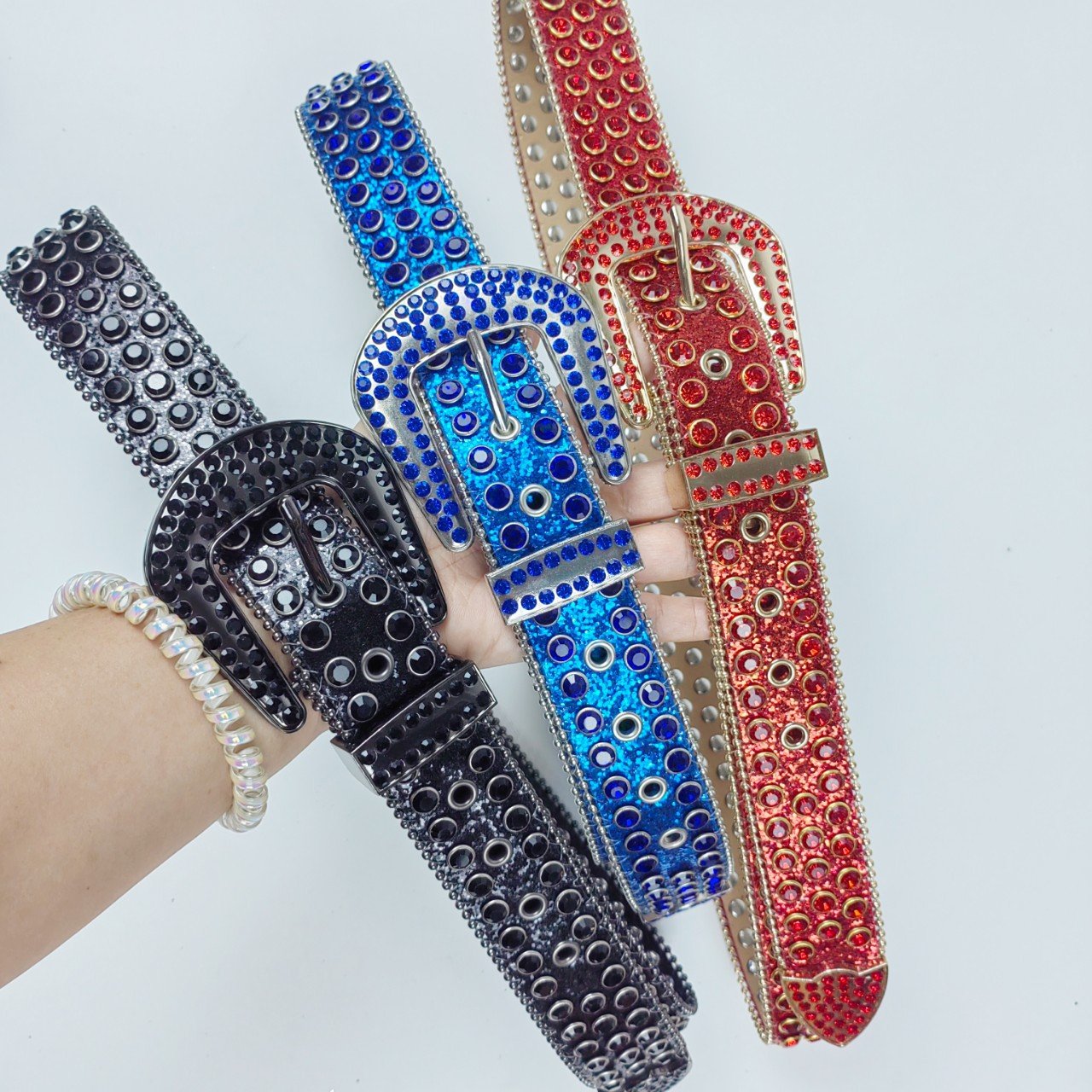 Fashion Cowboy Western Rhinestones Belt Removable Buckle Bling Bling Crystal Studded Glitter PU Leather Red Rhinestones Belt