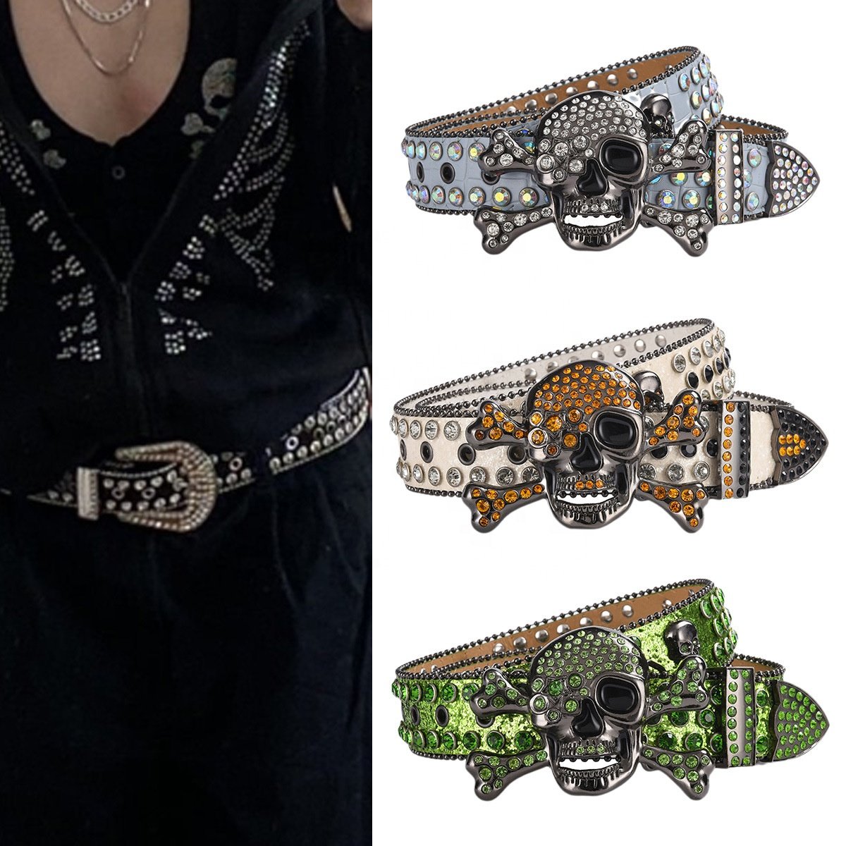 Skull Head Buckle Colors Bling Bling Fashion PU Leather Men's Jeans Punk Studded Rhinestones Belts for Woman