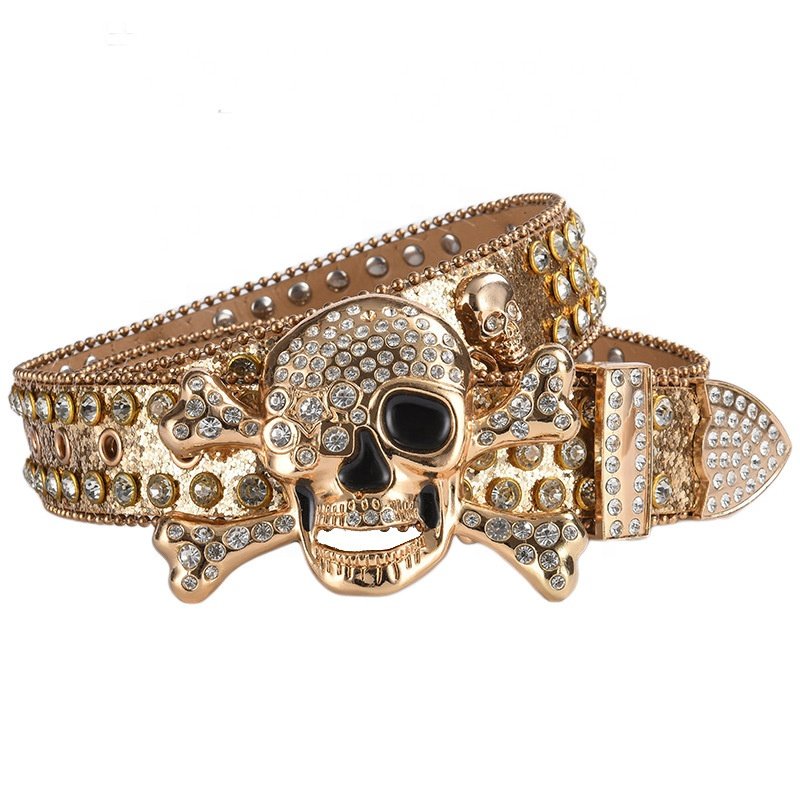 Skull Head Buckle Colors Bling Bling Fashion PU Leather Men's Jeans Punk Studded Rhinestones Belts for Woman