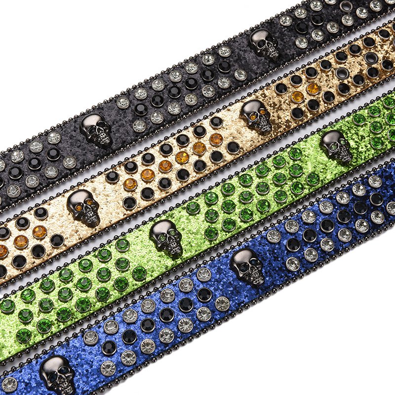 Skull Head Buckle Colors Bling Bling Fashion PU Leather Men's Jeans Punk Studded Rhinestones Belts for Woman