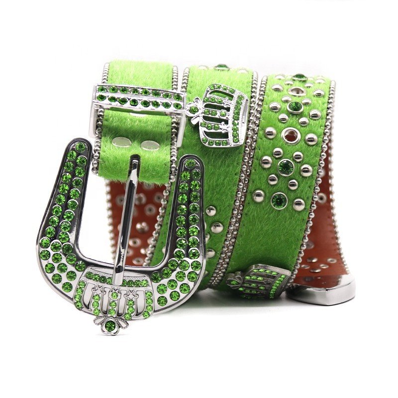 Fashion Crown Studded Buckle Faux Fur Green PU Lather Ladies Rhinestones Punk Belts for Woman Custom Logo