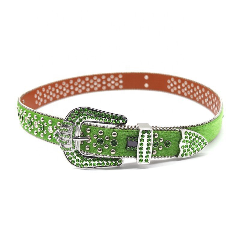 Fashion Crown Studded Buckle Faux Fur Green PU Lather Ladies Rhinestones Punk Belts for Woman Custom Logo