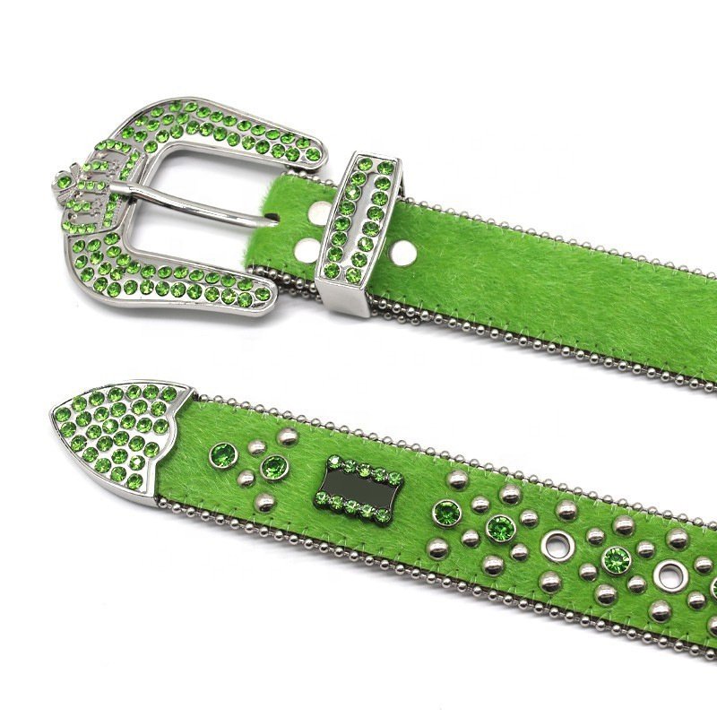 Fashion Crown Studded Buckle Faux Fur Green PU Lather Ladies Rhinestones Punk Belts for Woman Custom Logo